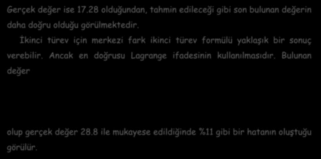 Gerçek değer ise 17.28 olduğundan, tahmin edileceği gibi son bulunan değerin daha doğru olduğu görülmektedir. İkinci türev için merkezi fark ikinci türev formülü yaklaşık bir sonuç verebilir.