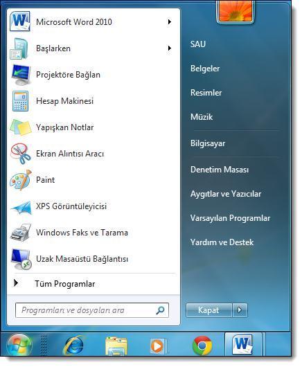 Görev çubuğunun solunda bulunan Başlat Düğmesi, bilgisayara yüklü olan tüm program ve Windows 7 dahili