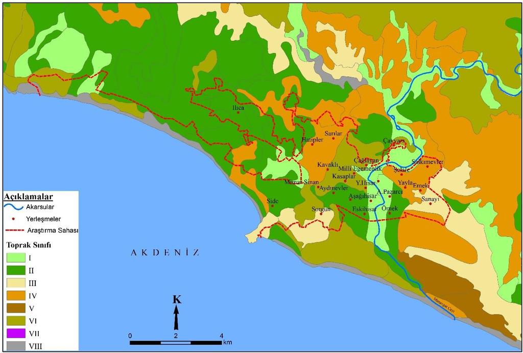 Şekil 4. Manavgat şehri ve çevresinin toprak kabiliyet sınıfları haritası (Tarım, Orman ve Köy İşleri Bakanlığı toprak kabiliyet sınıfları haritasının yeniden düzenlenmesiyle oluşturulmuştur.