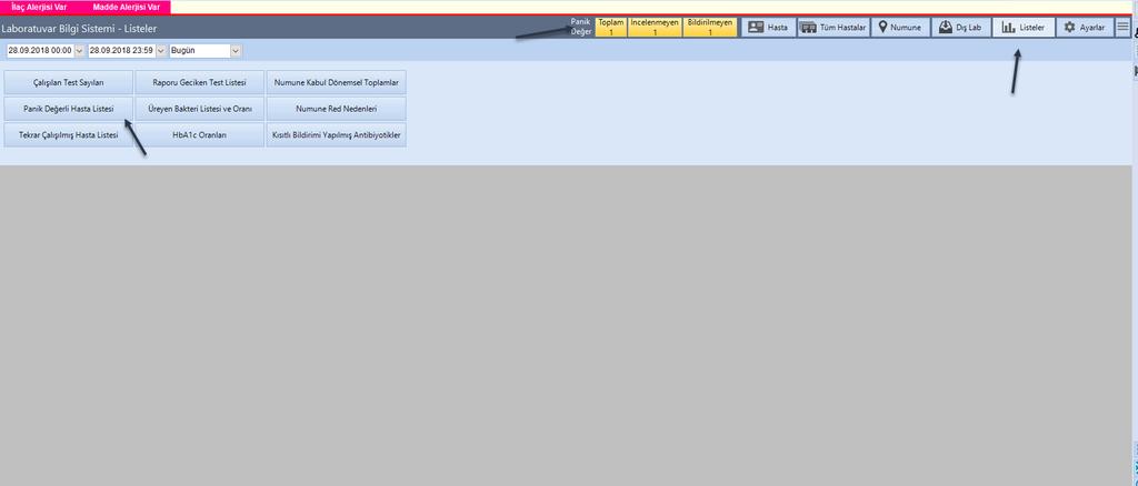 6- Akılcı Laboratuvar Panik Değer Uyarı Sistemi İstemi yapılan ve çalışan testleri sonuçları incelendiğinde oluşan panik ve kritik test sonuçları için istem yapan hekime sesli ve görsel olarak uyarı