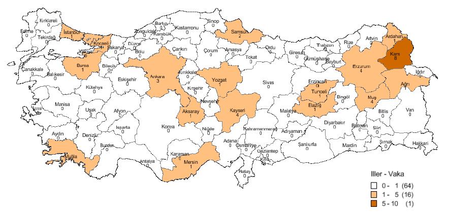 Şarbon Olgularının İllere Göre Dağılımı-Türkiye-2017 Toplam 17 ilde, 37 olgu https://hsgm.saglik.gov.