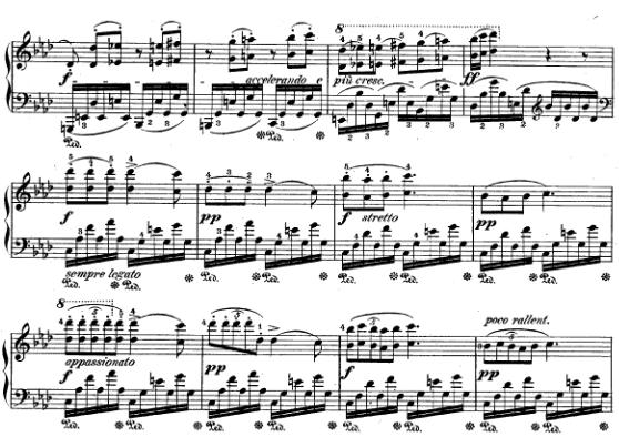 20 Şekil 10. F.Chopin Op. 10 No.9 Fa minör (25.ve 36. ölçüler arası) Etüt içerisinde, sağ elde gelen oktavların yine esnek bilek hareketlerini geliştirerek kullanılmasını sağlamaktadır.