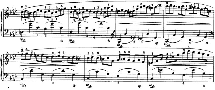 Şekil 18. F. Chopin Op.25 No.2 Fa minör (28.ve 34. ölçüler arası) Sol elde 1. ve 2. parmaklar arasındaki açılmayı yatay bilek pozisyonu ile çalınmasını hedeflenmektedir.
