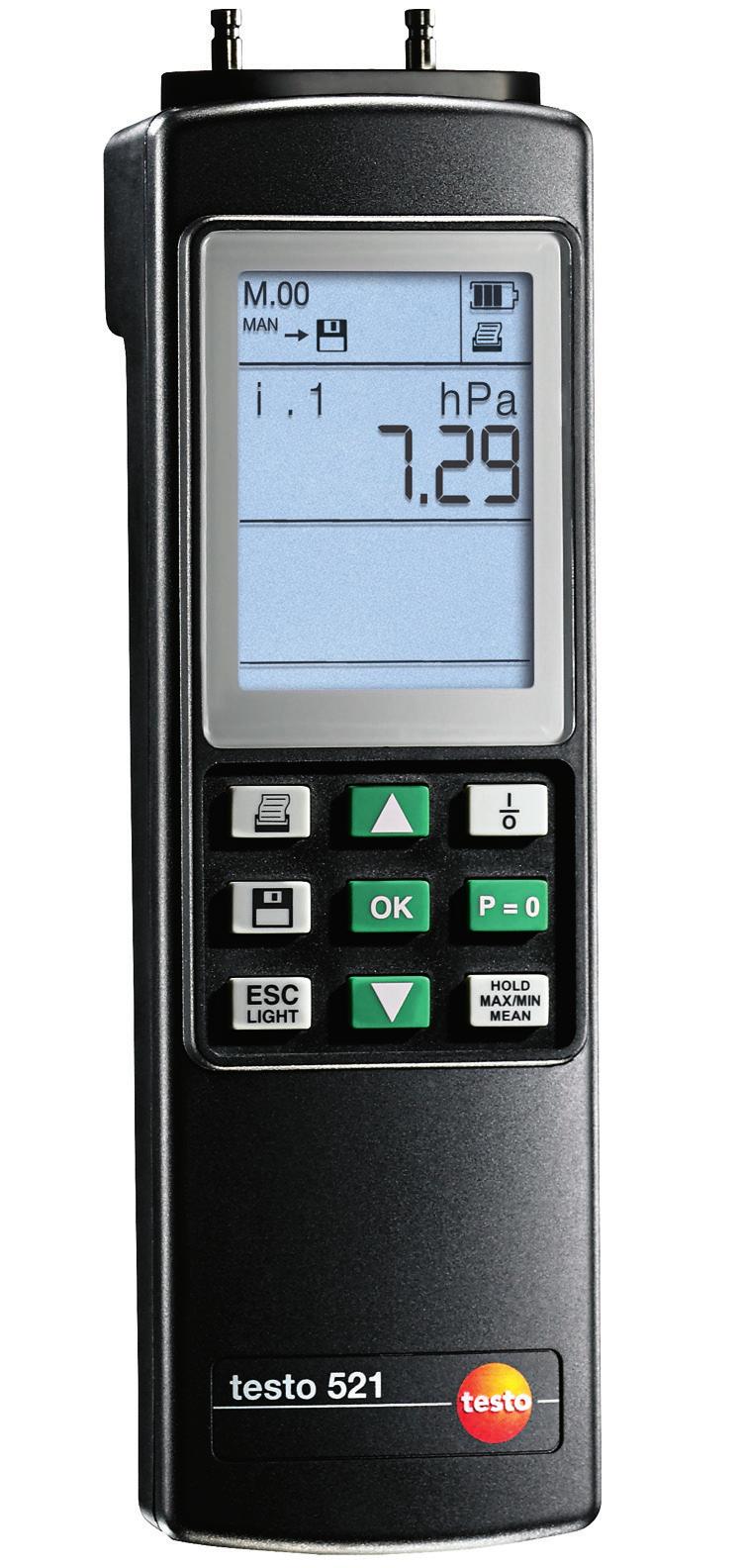 Ürün broşürü testo 521 Fark basınç ölçüm cihazı testo 521 Hassas Pitot tüp ölçümü Cihaza entegre edilmiş, sıcaklık düzeltmeli fark basınç sensörü Basınç ve sıcaklık ölçümü için başka probların