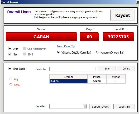 2- Çizilen Trende Alarm Kurmak ve Emir Bağlamak: Çizdiğiniz Trend üzerinde Mouse ile sağ klik yaptığınız zaman, ALARM TANIMLA, EMİR BAĞLA satırına bastığınız an, trendin kırılımı için alarm kurulmuş