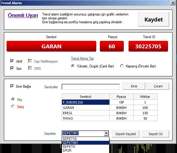 Şekil 4 - Bu şekilde, istenildiği kadar grafikte, istenildiği kadar çok trend çizilip alarm listesine eklenebilir ve istenen trend alarmına istenirse otomatik olarak emir gönderilmesi tercihi