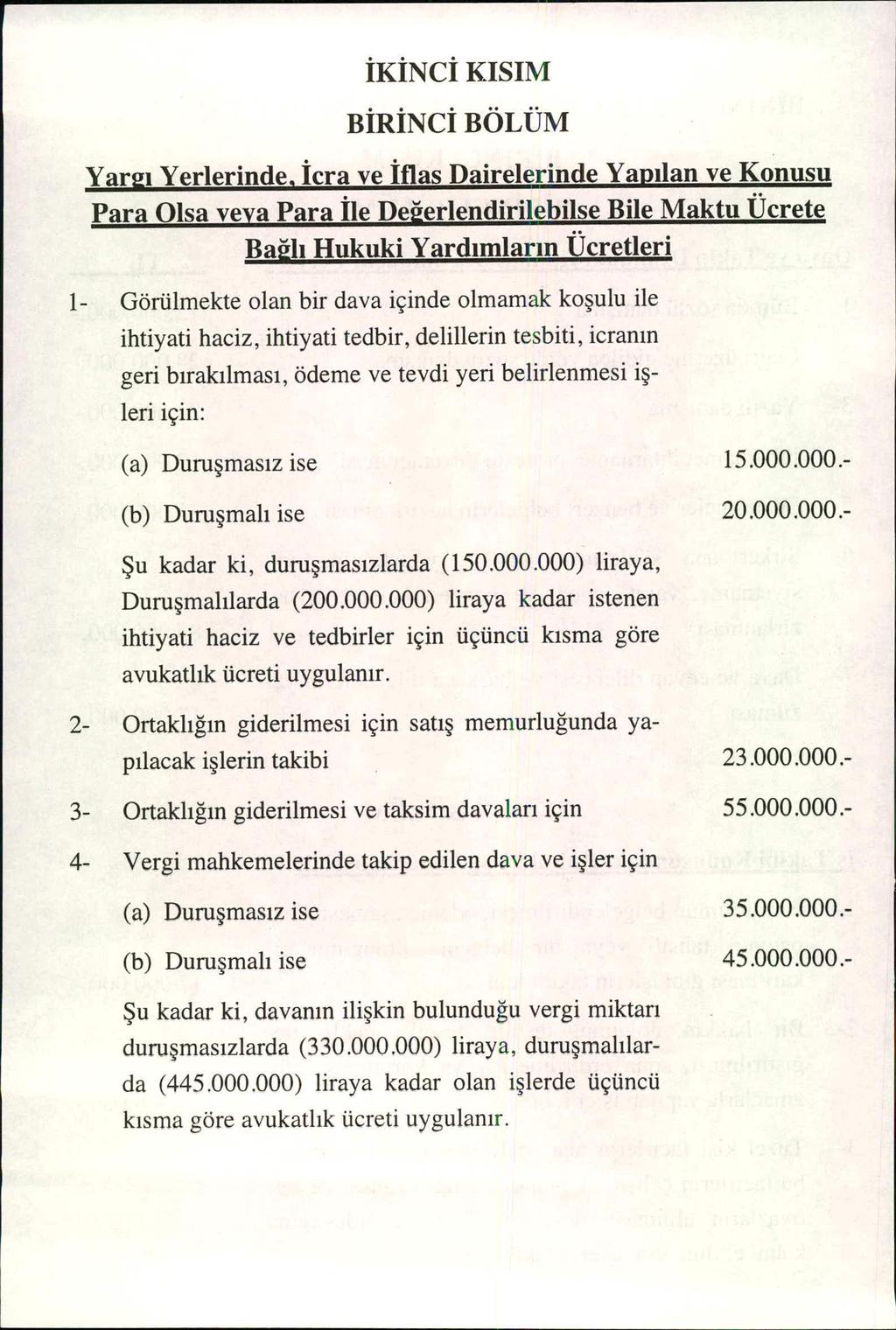 İKİNC İ KISIM B İR İNC İ BÖLÜM Yargı Yerlerinde, icra ve iflas Dairelerinde Ya p ılan ve Konusu Para Olsa veya Para İle Deerlendirilebilse Bile Maktu Ücrete Bağl ı Hukuki Yard ımlar ın Ücretleri