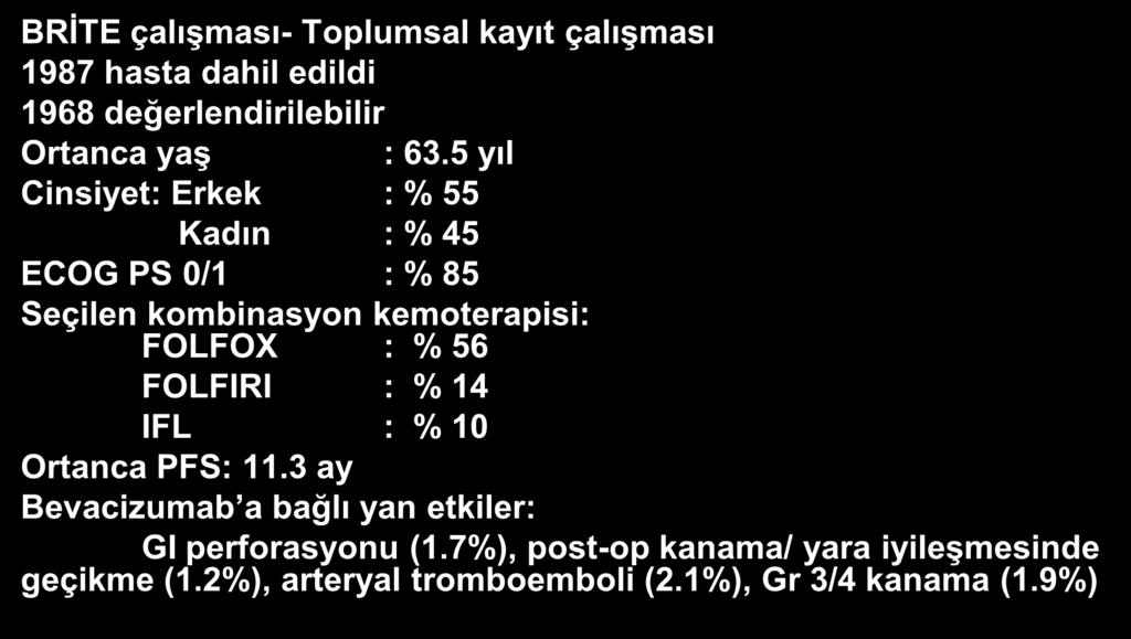 MKRK de ilk basamak Bevacizumab + Kemoterapi Güvenlik BRİTE çalışması- Toplumsal kayıt çalışması 1987 hasta dahil edildi 1968 değerlendirilebilir Ortanca yaş : 63.