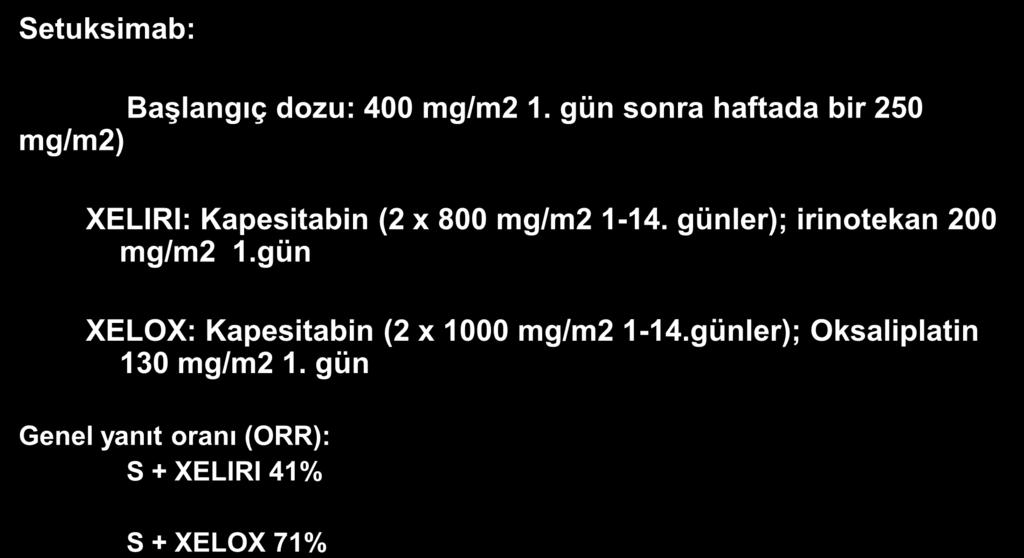 Randomize Çalışma: Setuksimab + XELIRI veya XELOX Setuksimab: Başlangıç dozu: 400 mg/m2 1. gün sonra haftada bir 250 mg/m2) XELIRI: Kapesitabin (2 x 800 mg/m2 1-14.