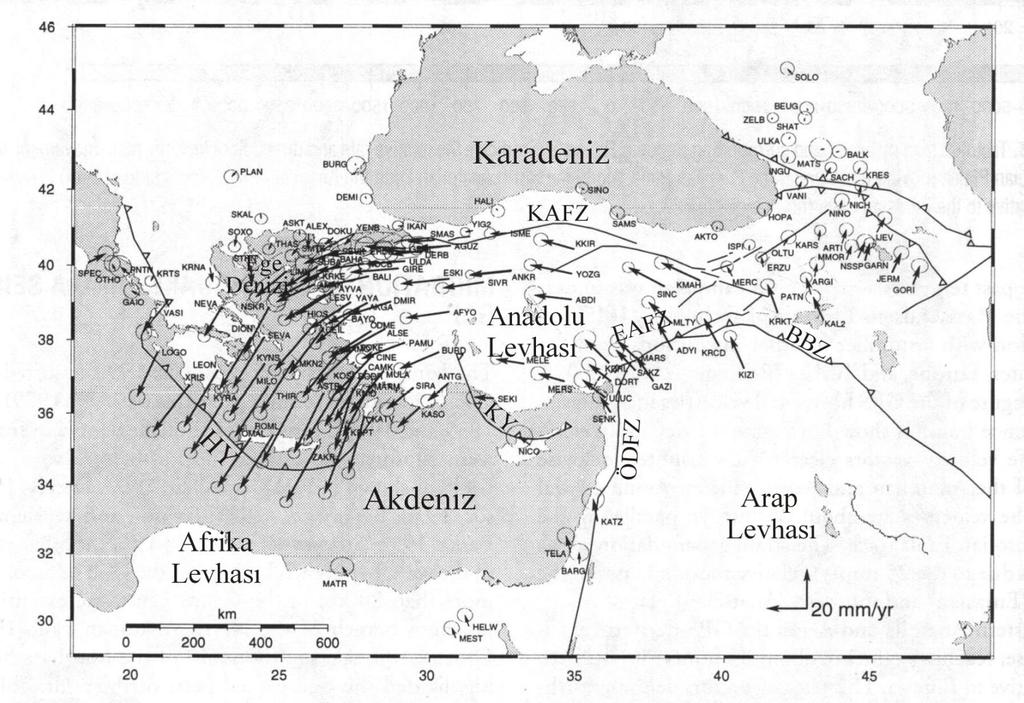 Anadolu da GPS hız vektörlerini gösteren harita (McClusky vd 2000).