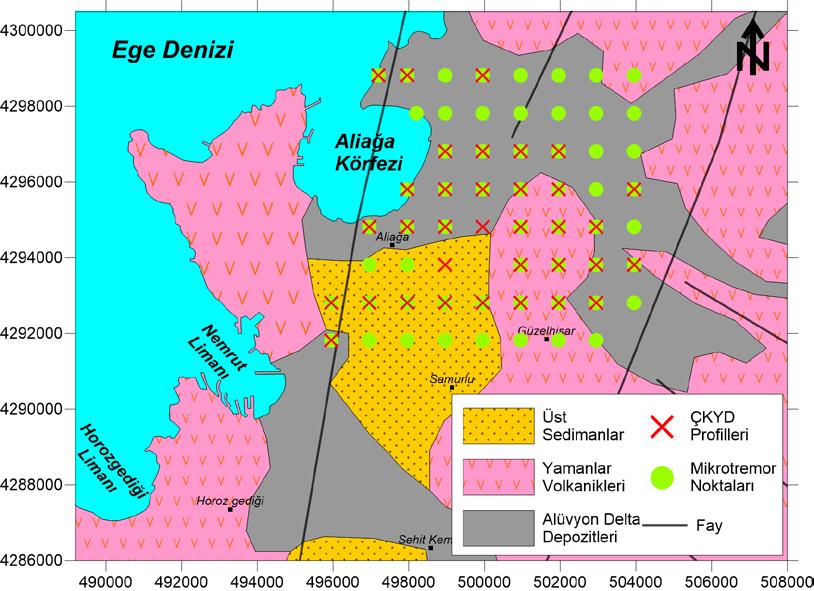 Şekil 2. Aliağa bölgesinin basitleştirilmiş jeoloji haritası (Genc ve Yılmaz 2000 den değiştirilmiştir.), tek istasyon mikrotremor ve ÇKYD yöntemlerinin uygulama yerleri. 3.