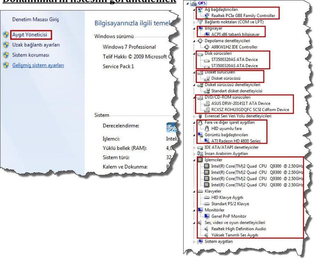 Donanımların listesini görüntülemek Bilgisayara