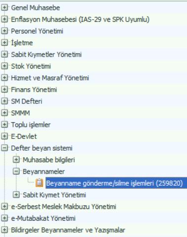 Defter Beyan Sistemi/ Beyannameler/ Beyanname gönderme/silme