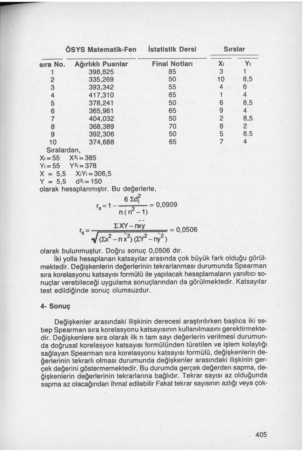 ÖSYS Matematik-Fe İstatistik Dersi Sıralar sıra No.