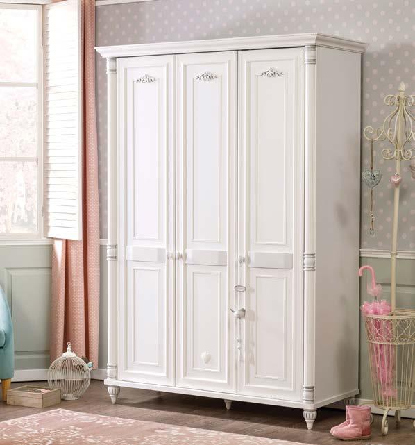 This three door wardrobe of the Romantic series, preferred by parents who love white and classic