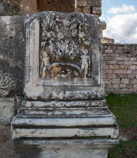 Kaya Şekil 17. Aphrodisias, Hadrianus Hamamı pilasteri sarmal dal bezemesi luğu gücünü yeni kurulan ya da yeniden imar edilen kentlerde yürüttüğü imar faaliyetleri ile göstermiştir.