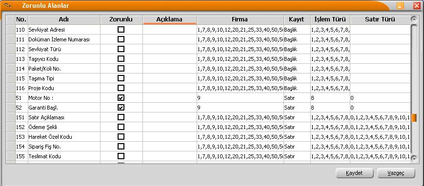 Zorunlu Alanlarda formda bulunan standart alanlar ile Tanımlı Alanlar listelenir.