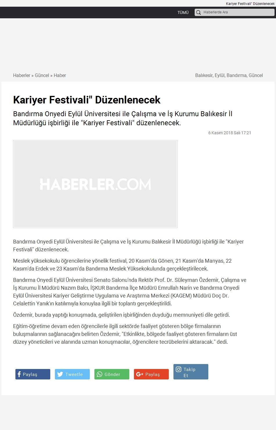 Portal Adres KARIYER FESTIVALI' DÜZENLENECEK : www.haberler.com İçeriği : Gündem Tarih : 06.11.