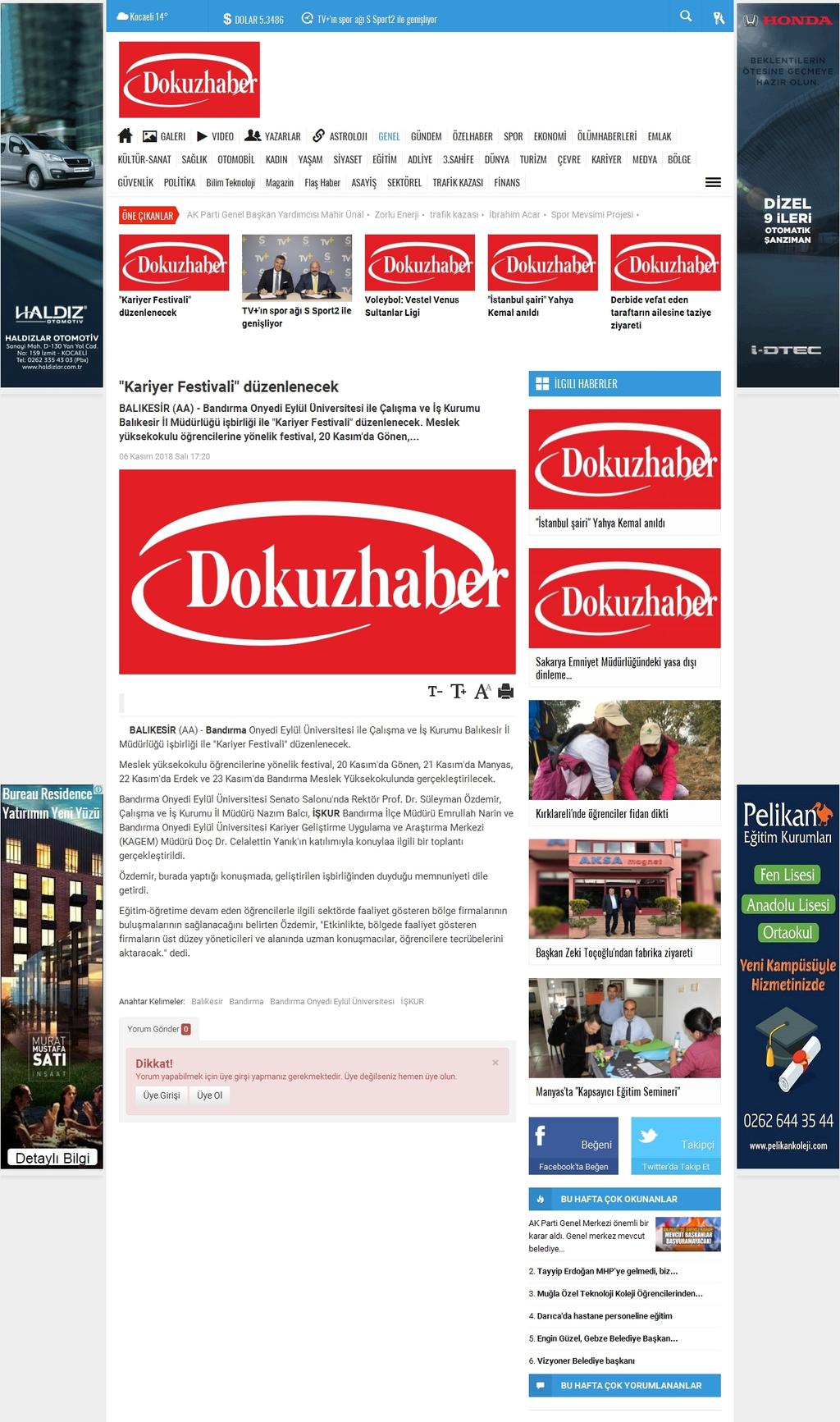 'KARIYER FESTIVALI' DÜZENLENECEK Portal Adres : www.dokuzhaber.