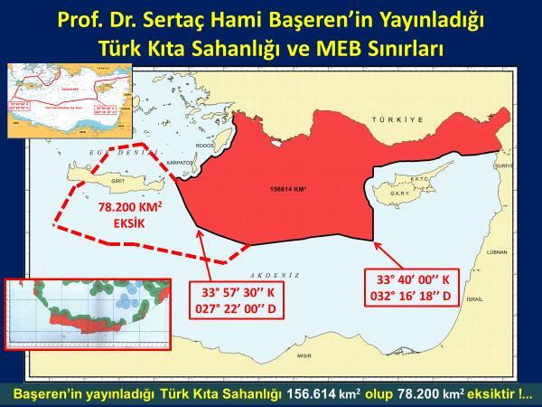 batısından geçirmesi gerekirken, Girit Adası nın doğusundan geçirmiştir. Başeren in hazırladığı Türk Kıta Sahanlığı 156.614 km 2 olup 78.200 km 2 eksiktir.