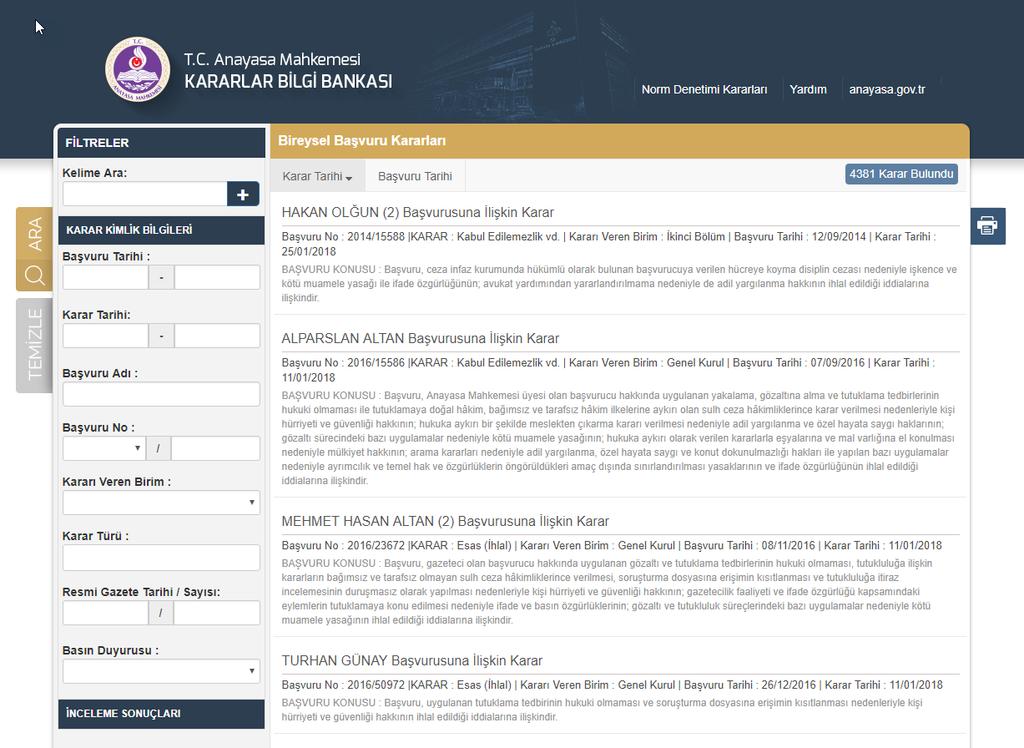 Anayasa Mahkemesi Kararlar Bilgi Bankası (Bireysel Başvuru Kararları) Web Uygulaması Kullanma Kılavuzu Ekran Görüntüsü Açıklama Kararlar Bilgi