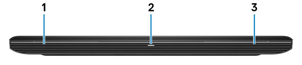 4 Görünümler Ön 1 Sol hoparlör Ses çıkışı sağlar. 2 Güç ve pil durumu ışığı/sabit sürücü etkinlik ışığı Pil şarj durumu ya da sabit sürücü etkinliğini gösterir.