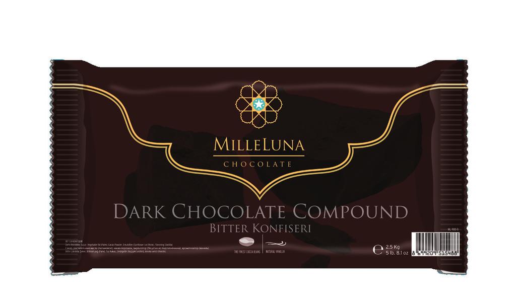 Milleluna Chocolate Konfiseri / Compound ML-900-B Bitter Konfiseri / Dark Compound INGREDIENT: Sugar, Vegetable Oil (Palm Oil), Cacao Powder, Emulsifier (Sunflower Lecithin), Flavoring (Vanilla).