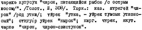 12 81.1. ᴛᴜʀ erkek ördek, gövel ᴇɴɢ male duck ʀᴜs самец утки: селезень бил /биле/ (Bardan 1983 24, Mancga 2007), эр нуһсн (Mancga 2007) «ᴛᴜʀ erkek ördek ᴇɴɢ male duck ʀᴜs утка-самец», чон нуһсн «ᴛᴜʀ