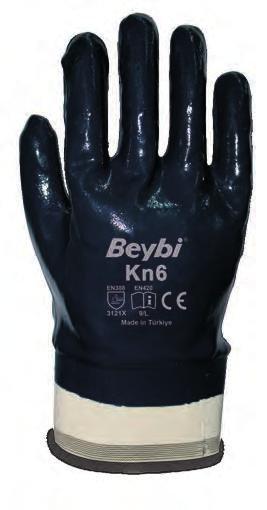 Kn6 Güvenli Manşetli Tam Kaplı Nitril Eldiven (Petrolcü) Full Nitrile Coated Cotton Glove with Premium Safety Cuff Özellikler Metal üretim ve ağır sanayi alanında kullanıma uygundur.