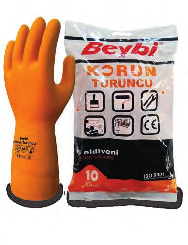 KORUN TURUNCU Yüksek Performanslı Endüstriyel Lateks Eldiven Premium Strong Industrial Latex Glove Özellikler İnşaat sektörü, tuğla briket imalatı, boya, gıda sektörü gibi alanlarda genel amaçlı