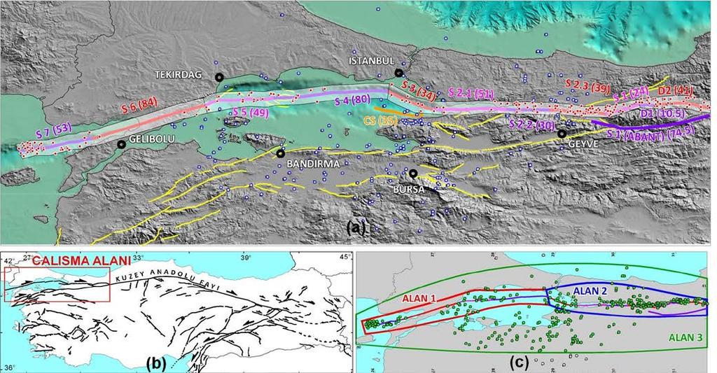 Şekil 1. (a) Kuzey Anadolu Fay Hattı nın ana bölümleri, tanımlanan kırılma sistemleri ve aletsel deprem kataloğunda yer alan (M w>4) depremler.