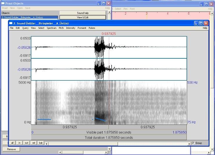 Şekil 4. A Ünlüsünün PRAAT programında alınan spectrogram görüntüsü. Ses şiddetinin ya da enerjisinin zamana göre değişimi bu araçla izlenebilmektedir.