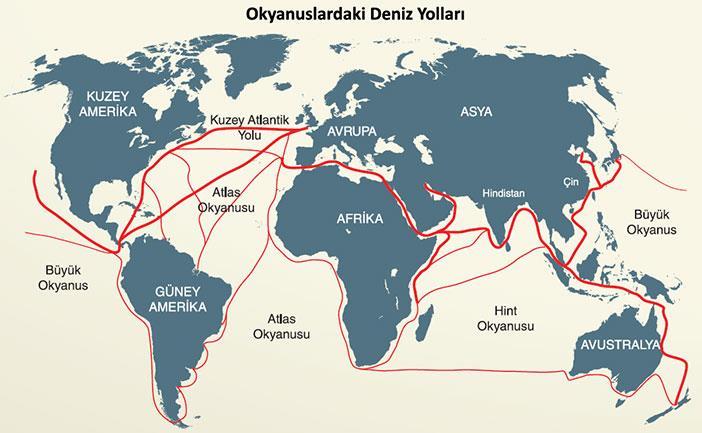 Akdeniz - Asya - Avustralya Deniz Yolu Batı Avrupa dan başlayıp Akdeniz, Süveyş Kanalı, Kızıldeniz i izleyerek Hint Okyanusu'na, oradan Doğu Afrika, Güneydoğu Asya ve Yeni Zelanda'ya kadar uzanır.