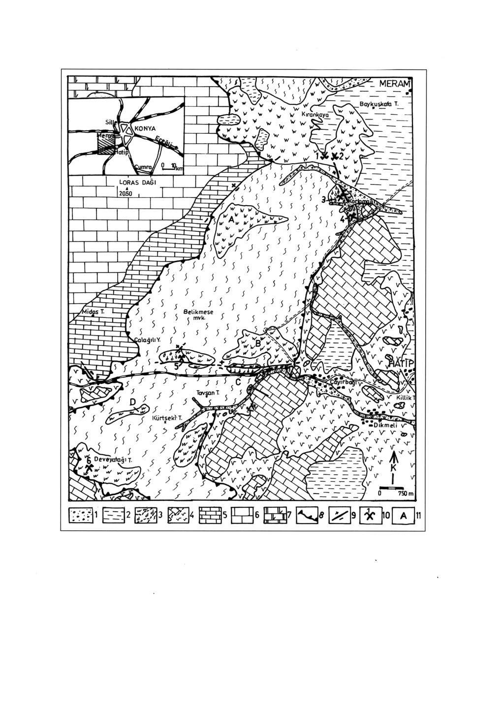 ÇAYIRBAĞI - MERAM MANYEZİTLERİNİN KÖKENİ ÜZERİNE Şekil 1: Çayırbağı-Meram (Konya) bölgesinin jeolojik ve yer buldum haritası. 1.Alüvyon (Kuvaterner); 2.Dereköy fm. (0. Miyosen-A. Pliyosen); 3.
