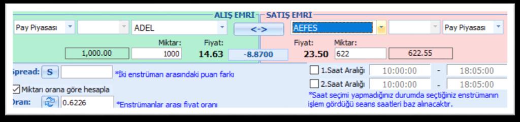 İlk sembol için miktar olarak 1.000 (Lot) girdiğimizde 2. Sembol için fiyatlar arası orana uygun olarak 622 (Lot) miktarı otomatik olarak gelir.