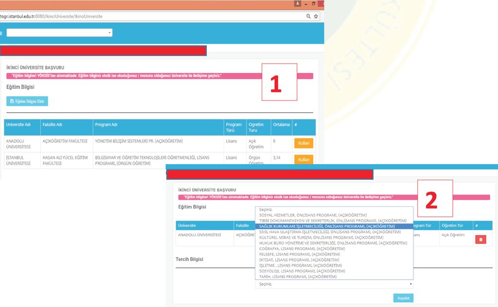 Görsel) ve tercih edilen program kısmından Başvurmak İstenilen Programı seçiniz ve Kaydet butonuna tıklayınız.(2.
