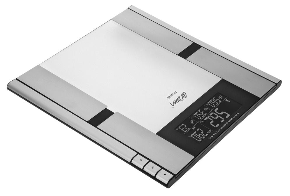 FİTSENSE FL 553 BODY ANALYSIS SCALE 1-Transparent glass and wide surface 2-LCD display and easily readable imaging (129mm x 51mm) 3-On / set button 4-Up / down arrow button 5-BIA conductive pads 5