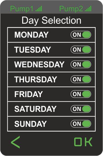 DAY SELECTION : Herbir pompayı birbirinden farklı olarak, haftanın günlerini ayrı-ayrı programlayabilmek için cihazın çalışmasını istediğiniz günü "ON" konumuna getirebilir, cihazın çalışmasını