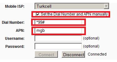 Mobile ISP: Cihazınızda kullanılacak USB modeminizi almış olduğunuz GSM operatörü seçiniz.