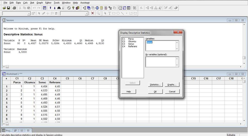 11 : Minitab temel istatistik değerler.