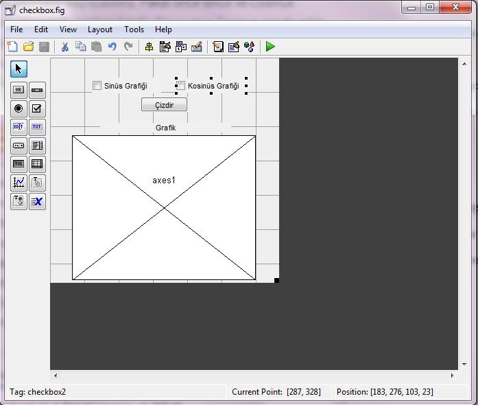 Check Box : Örnek CheckBox kullanımı uygulamalı göstermek için bir axes de iki grafik çizdirelim. Bu grafiklerden bir tanesi sinus grafiği diğeri ise cosinus grafiği olsun.