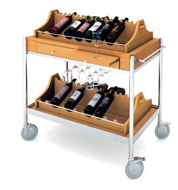 1100x550x850/1050 mm 2 x drawers, extractable serving table Mobile wooden bottle holders on both upper and lower shelves Plexiglass stand with catches for holding glass es under upper shelf