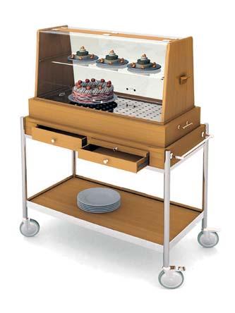surface, tube handle for pushing and legs Wooden serving shelf on plexiglass top with lids opening from both sides 2 x drawers, extractable serving table Well dimensions : 800x340x85 mm Weight : 50