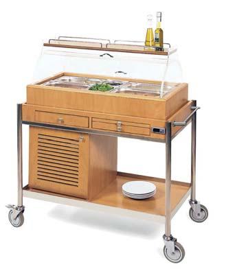 Dimensions : 1100x550x850/1270 mm Cooling system with eutectic cooling pack AISI 304 s/s tube handle for pushing, legs and protective rails Plexiglass top with lids opening from both sides, wooden