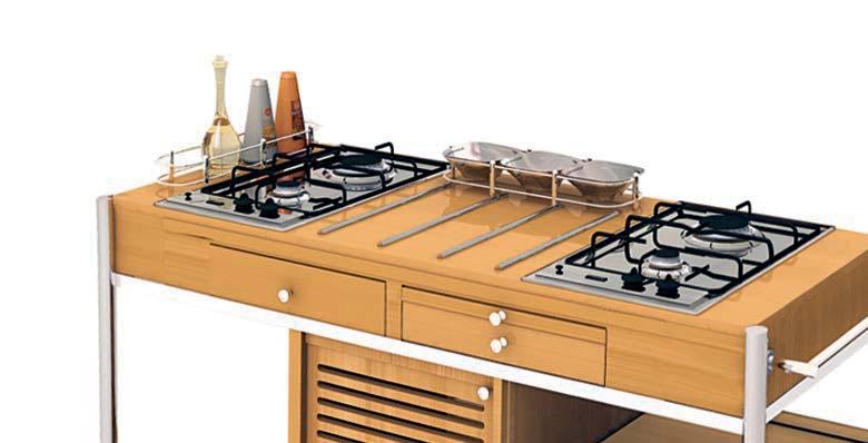 the wooden surface 2 pcs two-headed AISI 304 s/s burner with gas and lighting device AISI 304 s/s tube handle for pushing and legs 2 x drawers, extractable serving table Wooden cabinet for gas