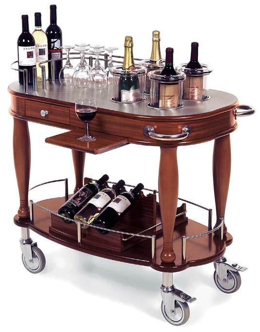 Upper work surface with AISI 304 s/s Extractable serving table AISI 304 s/s protective rails and handle for pushing Mobile bottle holder on lower shelf Wine buckets and ice buckets are optional