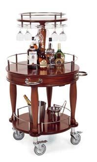 glasses with wooden leg on upper shelf 500 mm Plexiglass stand with catches for holding glasses AISI 304 s/s protective rails and handle for pushing Wine buckets and ice buckets are optional Weight: