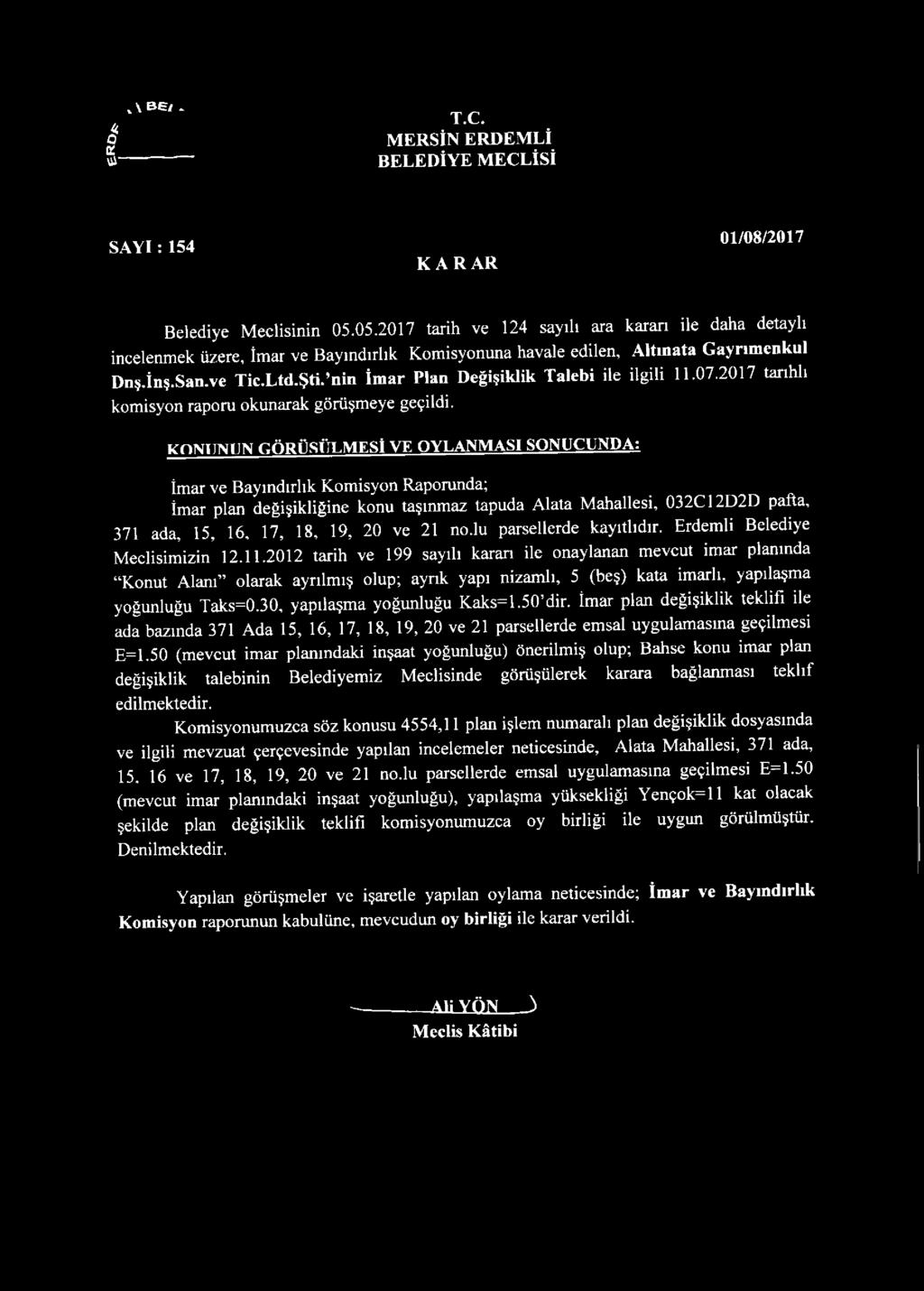 nin İmar Plan Değişiklik Talebi ile ilgili 11.07.2017 tarihli komisyon raporu okunarak görüşmeye geçildi.