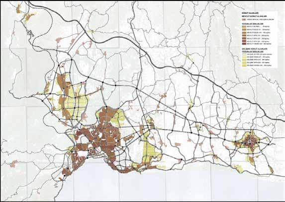 44 Şekil 3. Konut/Yerleşim Alanları Nüfus Yoğunluğu Haritası (1/25.000 ölçekli Nazım İmar Plan Raporu, 2017) 7.4.2 Yoğunluk Aralıklarına Göre Nüfus Yapı Yoğunluğu Dönüşümü Antalya kentindeki