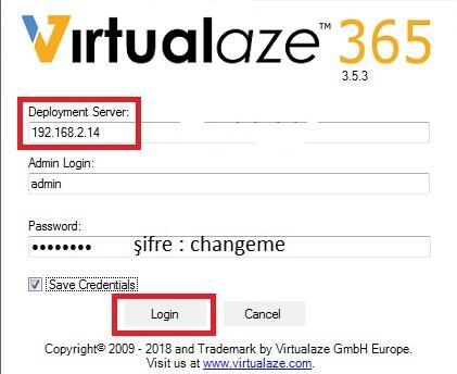 Virtulaze Unify Lisans Ekleme Virtualaze Deployment Center Panel İ açtıktan sonra giriş yapınız. En üst kısma ana makinenizin IP sini yazınız.